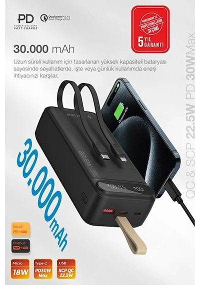 Hızlı Şarj Powerbank 30.000 Mah Taşınabilir Güç, Usb-c & Çift Çıkışlı Siyah