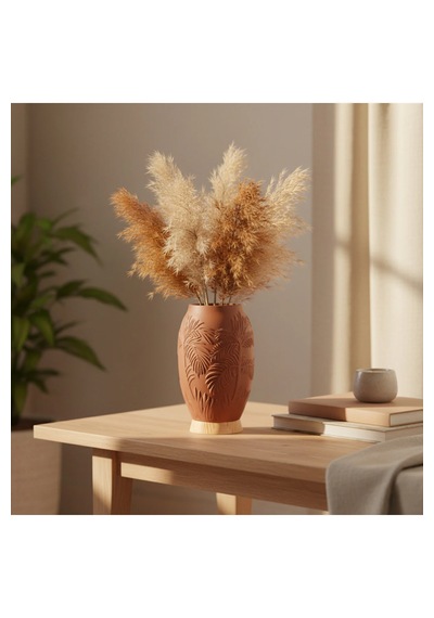 Pamore Dekoratif Vazo - Kahverengi / Ahşap Tabanlı Natural