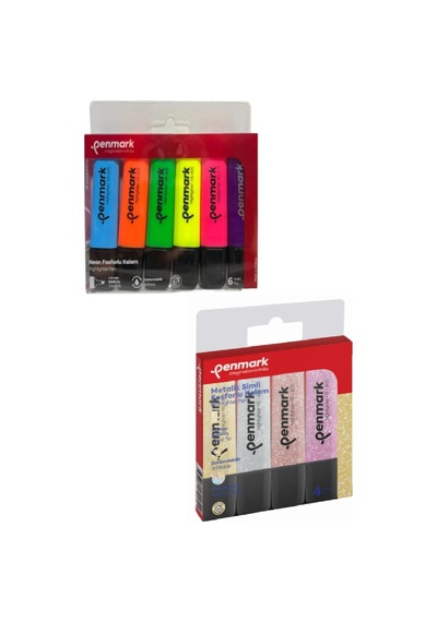 6lı Neon Fosforlu Kalem + 4lü Simli Çok Renkli5