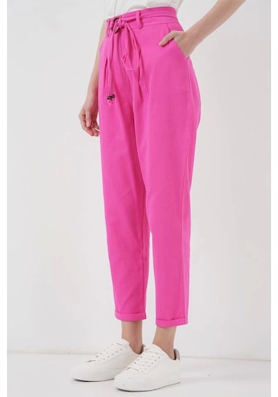 Defymoda 6660 Kemerli Keten Pantolon - Fuşya Fuşya