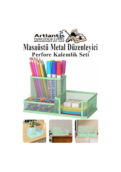 Masaüstü Metal Kalemlik Seti 3 Lü Kombo 1 Paket Fileli Perfore Pastel Renkli Kalemlik Kağıtlık Küpnotluk Düzenleyici Açık Yeşil