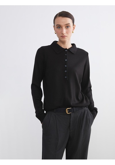 Lcw Comfort Siyah Polo Yaka Kadın Triko Kazak