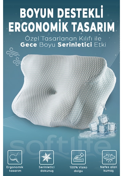 Nova Ice Serinletici Kılıflı Visco Soğuk Yastık Ortopedik Boyun Destekli Memory Foam Ergonomik Yastık 62x42x13/10cm Beyaz