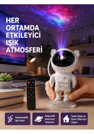 Astronot Yıldız Projeksiyon Lambası 8 Efektli Uzaktan Kumandalı Gece Işığı Siyah