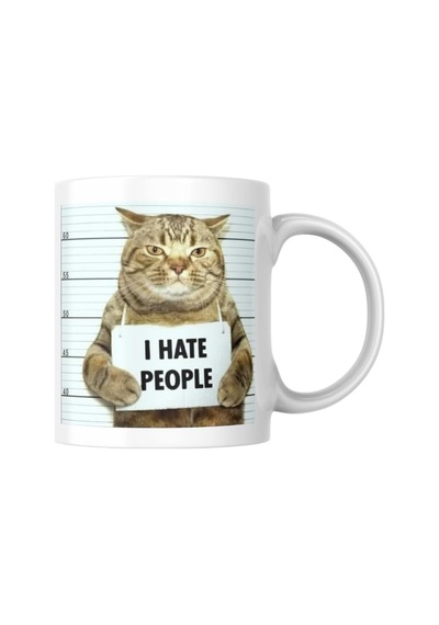 Kedili Kupa Bardak Komik Yazılı I Hate People Hediyelik Kahve Çay Kupası Beyaz - Çok Renkli