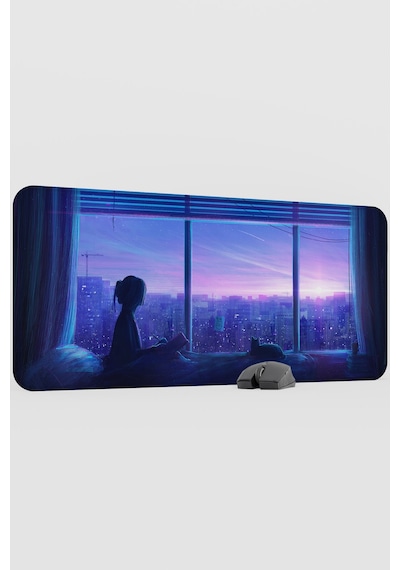 Dijital Kedili Kız V1 90x40 Xxl Gaming Kauçuk Kaymaz Taban Mouse Pad Fare Altlığı