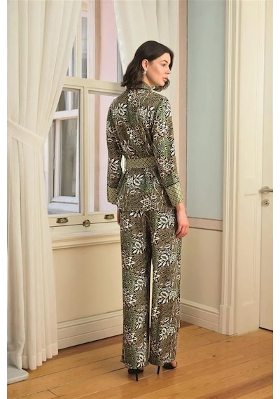 Ang Butik Kadın Çiçek Yaprak Ve Etnik Desenli Pijama Takımı Siyah