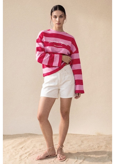 Hiccup %100 Pamuk Oversize Çizgili Sweatshirt Kırmızı