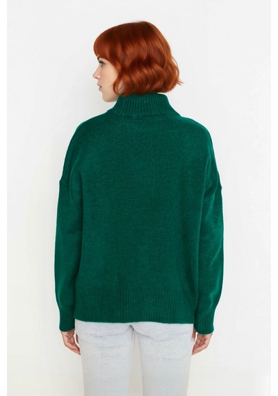 Ersefa Kadın Basic Oversize Dik Yaka Triko Kazak Düşük Kol Uzun Boy Kışl Zümrüt Yeşili