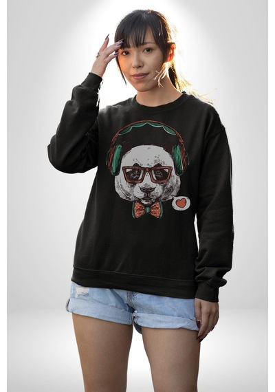 Kulaklıklı Hipster Portre Panda Unisex Siyah Baskılı Sweatshirt Siyah