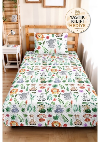 Evimde Bambaşka Yeşil Safari Erkek Çocuk Tek Kişilik Pike Takımı - Tropikal Renkli 160x220 CM Kapitone Yatak Örtüsü Evimde Bambaşka Yeşil Safari Erkek Çocuk Tek Kişilik Pike Takımı - Tropikal Renkli 160x220 CM Kapitone Yatak Örtüsü