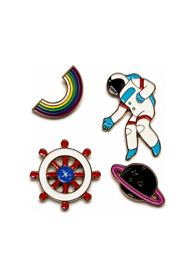 Galaksi Macerası 4'lü Metal Rozet Seti Astronot, Gökkuşağı, Gezegen Ve Dümen Gri