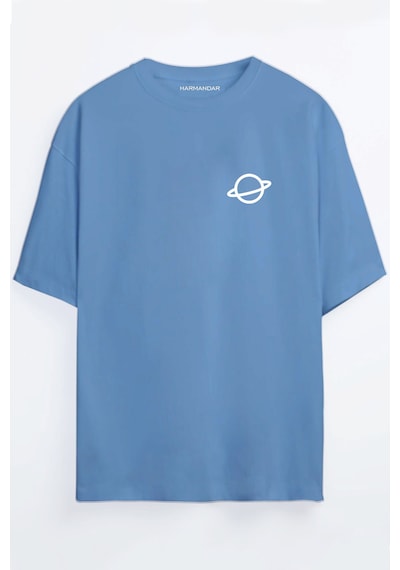 Saturn Baskılı Bordo - Mavi Oversize T-shirt Mavi