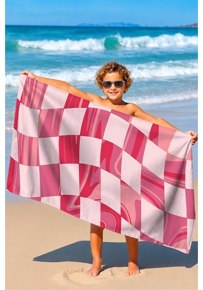Pembe Damalı Mermer Desenli Plaj Havlusu - Modern Soyut Resort Stil Hızlı Kuruyan Mikrofiber Havlu Puslu İncir