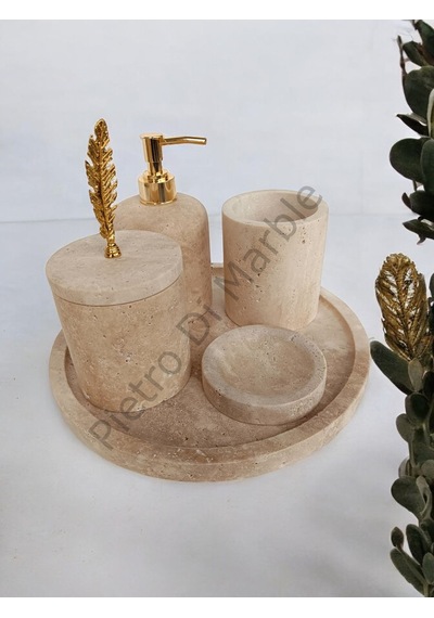 Sarı Traverten Klasik Model 5 Parça Gold Renk Kuş Tüyü Aksesuarlı Banyo Seti Sarı Traverten