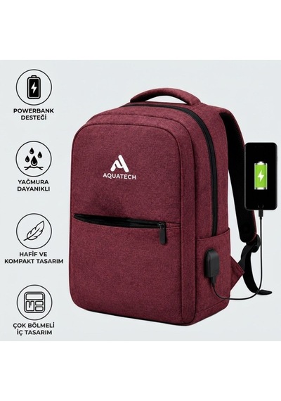 Laptop Sırt Çantası, Bilgisayar Korumalı İç Bölmeli Notebook Çantası, Organizer Cepli Ve Usb Şarj Portlu Bordo
