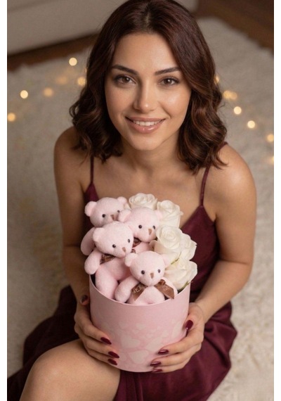 Premium Peluş Ayıcık & Özel Kumaş Beyaz Gül Buketi Sevgiliye, Kıza, Arkadaşa Hediye