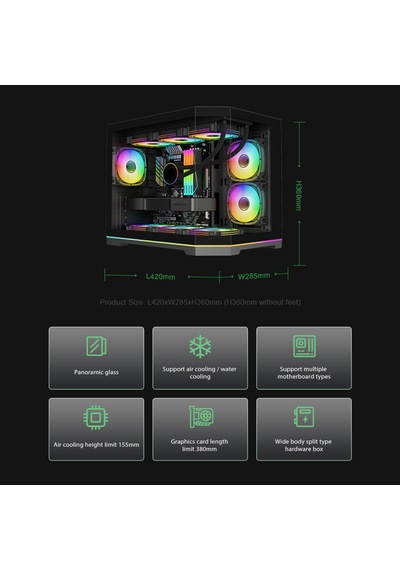 Atheron Lion Panoramik Siyah Gaming Kasa 6x120mm Argb Fanlı 360mm Sıvı Soğutma Destekli Temperli Cam
