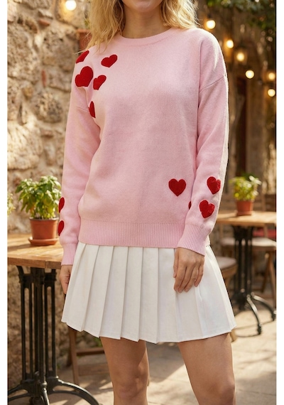 Sayzen Your Shine Kalp Nakışlı Basic Kadın Kazak Tyc78b078cf67382cd7ae1700 Pembe