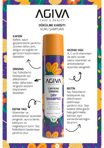 Agiva Caffeine Ginseng Egzotik Meyve Kokulu Hacimlendirici Kuru Şampuan 200 ML