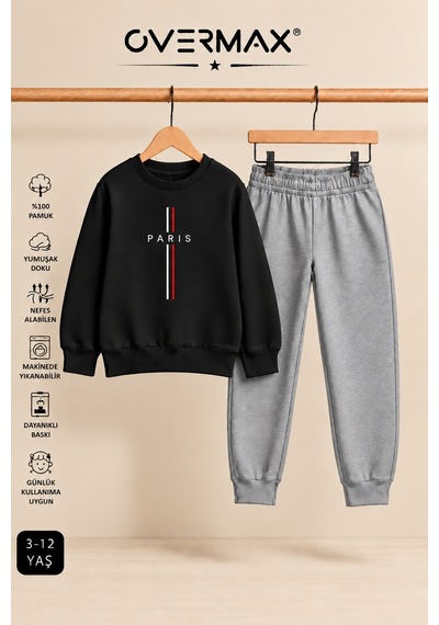 Overmax Parıs Baskılı Çocuk Kapüşonsuz Sweatshirt & Eşofman Takımı 3-12 Yaş Siyah Üst-gri Alt - 921355017 Siyah Üst-gri Alt
