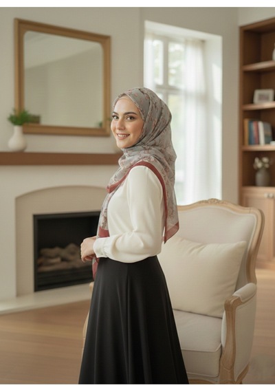 Eyfel Pamuklu Soft Özel Seri Şal Etnik & Çiçekli Desen, Orjinal, Tesettür Giyim, Yeni Koleksiyon Bordo - Gri