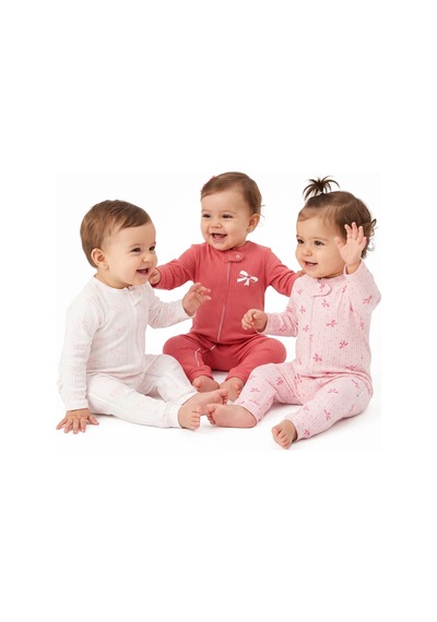 Bebegen Kız Bebek Beyaz Fuşya Pembe Fiyonklu 3'lü Tulum Takım