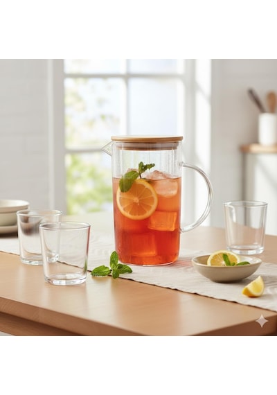 1000 Ml Bambu Kapaklı Borosilikat Cam Yağlık Ve Sürahi - Isıya Dayanıklı Çizgili Line Desenli Modern Meşrubat Ve Su Karafı 9x17 Cm Çok Renkli