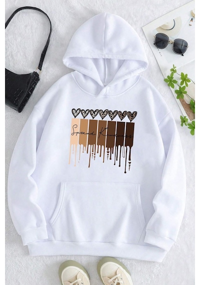 Uyguntarz Leopar Kalp Baskılı Oversize Sweatshirt beyaz