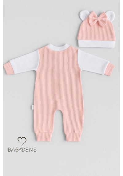 Babyden's Teddy Bear Temalı Yenidoğan Fitilli Tulum Takımı Ayıcıklı Kız Bebek Tulum Şapka Set %100 Pamuk Açık Pembe