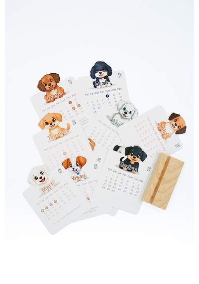 Ahşap Standlı Özel Kesim Siyah Köpek Tasarımlı 2027 Masaüstü Takvimi 8,5x12 Cm - Sevimli Yeni Yıl Hediyesi Çok Renkli