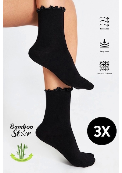 Bamboo Star Bambu Kadın Siyah Fırfırlı Lastiksiz Dikişsiz Kadın Soket 3lü Siyah Çorap/iz Bırakmaz /sıkmayançorap