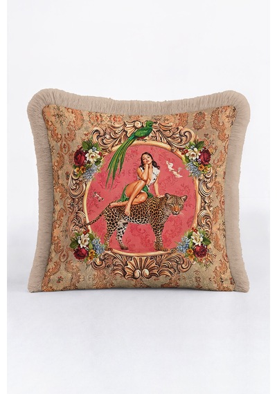 Barok Vintage Saçaklı Yastık Kılıfı - Nostaljik Pembe Leopar Yeşil Bohem Püsküllü Kırlent Kılıfı Çok Renkli