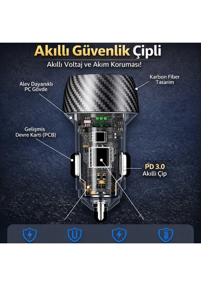 Polham 48w Süper Hızlı Type C Ve Usb Girişli Araç İçi Şarj Cihazı, Pd 30w + Qc 18w Çift Port 12v/24v 1 Adet