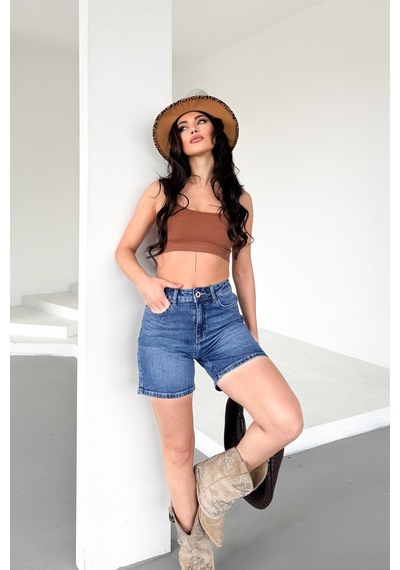 HLT Jeans Kadın Açık Mavi Yıkamalı Mom Fit Yüksek Bel Likralı Denim Şort Lily-açmavi