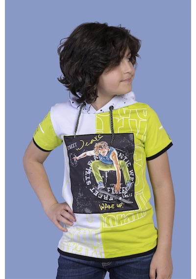 Toontoy Kids Toontoy Erkek Çocuk Garni Detaylı Kapüşonlu Baskılı Tişört Yeşil