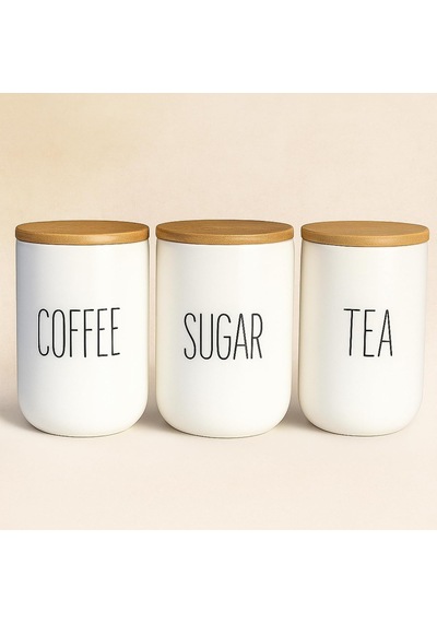 3 Lü Seramik Bambu Kapaklı Beyaz Kavanoz Seti 1000 Ml Coffee/sugar/tea Bambu Kapaklı Çok Renkli