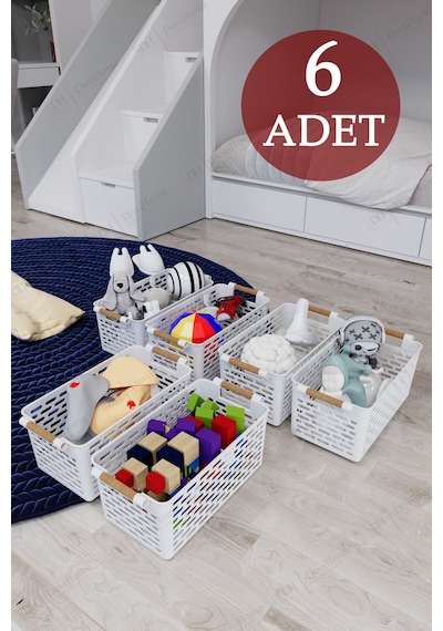 6 Adet Ahşap Saplı Görünüm Beyaz Renk Plastik Mutfak Banyo Eşya Organizer Sepet Düzenleyici Set Beyaz