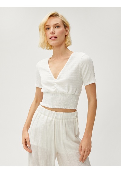 Koton Crop Tişört Gipeli V Yaka Beyaz 3sak50069ek Beyaz