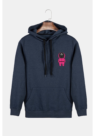Unisex İndigo Kapüşonlu Squid Game Baskılı Slim Fit Kanguru Cepli Sweatshirt Indigo