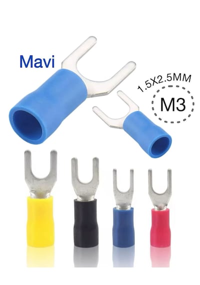 İzoleli Çatal Kablo Pabucu 1.5x2.5mm M3 Mavi 100 Adet