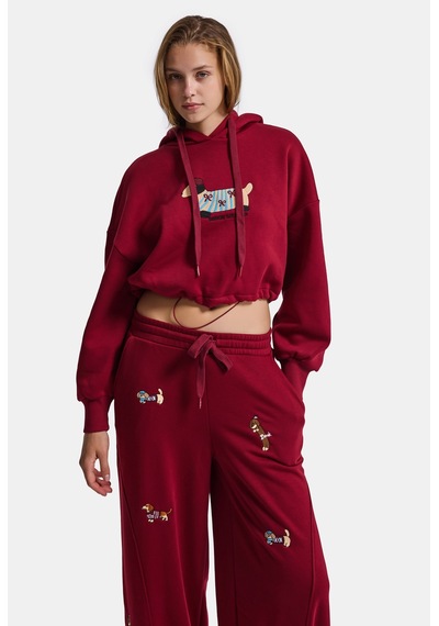 Kadın Bordo W6-35 Sweatshirt Eşofman Pantolon 2'li Nakış Figürlü Tasarım Takım