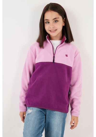 Lela Yumuşak Dokulu Yarım Fermuarlı Renk Bloklu Dik Yaka Unisex Çocuk Polar 5905004 Şeker Pembe-Mor