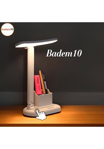 Badem10 Masa Lambası Şarjlı Gece Lambası 10w 3 Renk Telefon Tutucu Dokunmatik Kademeli Çalışma Okuma Işığı 10 Parça Siyah