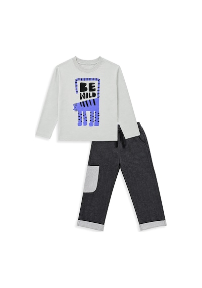 Erkek Çocuk Takım Kaplan Baskılı %100 Pamuk T-shirt - Denim Kargo Pantolon (3-8 Yaş)