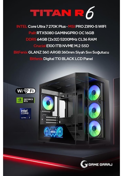 Game Garaj TITAN-R6 Ultra 7 270K RTX5080 64 GB 1 TB SSD Free Dos Oem Paket Masaüstü Oyuncu Bilgisayarı