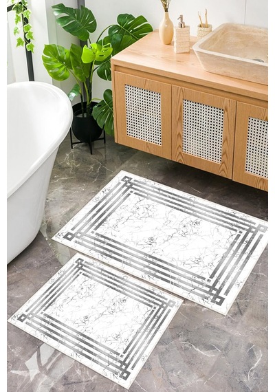 Dijital Baskı Mermer Desen Çerçeveli Kaymaz Taban 2li Set Banyo Paspası Klozet Takımı 50x60cm-60x100cm gri