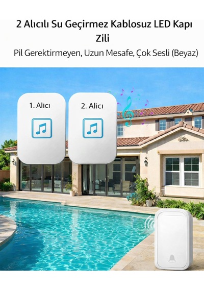 2 Alıcılı Su Geçirmez Kablosuz Led Kapı Zili Beyaz Prizli, Pil Gerektirmez, Uzun Mesafe, 60 Melodi