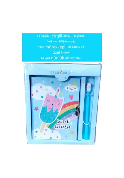 48 Sayfalı Çizgili Desenli Sayfalar 13x18 Cm Defter Ebatı Mavi Mürekkepli Jel Kalem Özel Kutulu 15