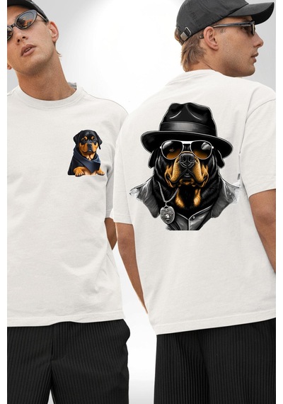 Mafya Rottweiler Beyaz Oversize Unisex Ön Ve Sırt Baskılı Tişört Beyaz